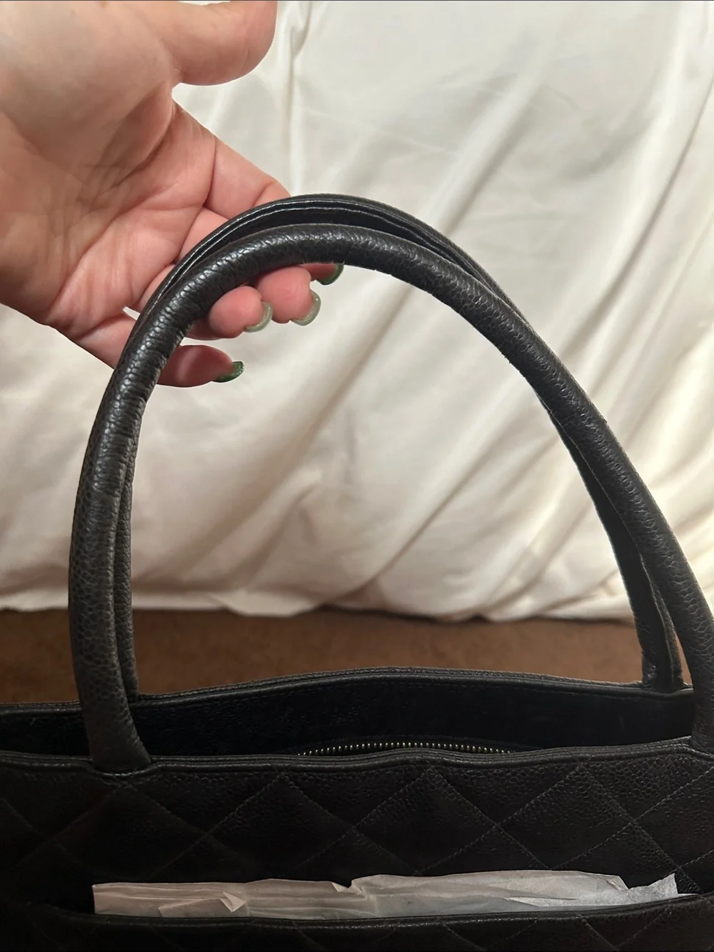 CHANEL Black Quilted Caviar Leather Tote with Gold Medallion Charm